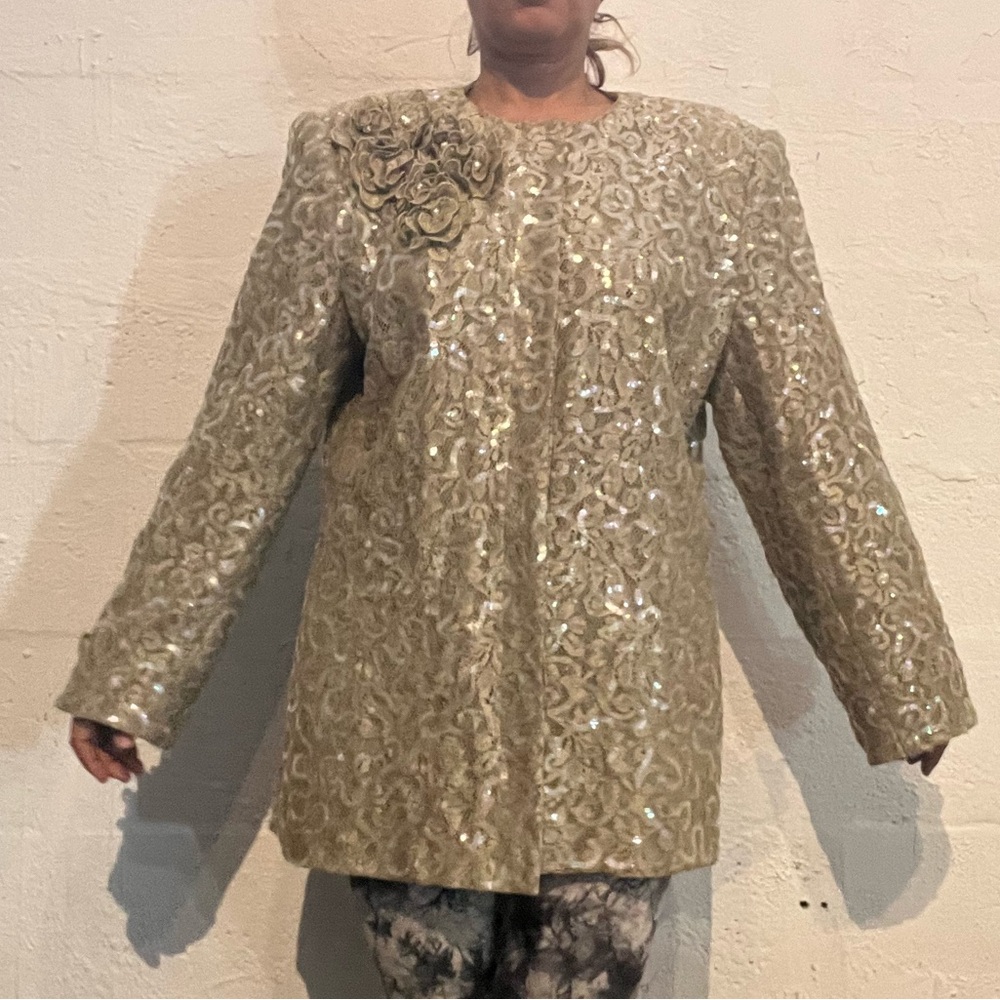 Vintage Nolan Miller 80s Dynasty Jacket Size 14 lace blazer sequined flower top
